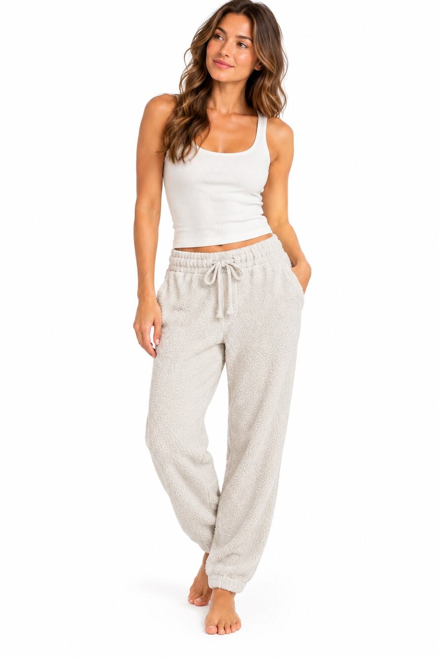 Carbon2Cobalt Unisex Large Cream Textured Lounge Pants Drawstring Cozy Soft